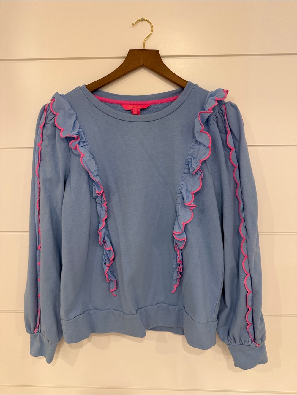 Lilly Pulitzer Light Blue Pullover with Pink Trim Ruffles